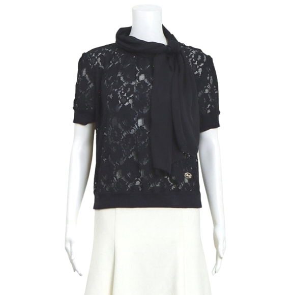 DOLCE & GABBANA Lace Blouse Bow Scarf Collar Tie Neck Black Short Sleeve Crop 44 - Picture 3 of 9